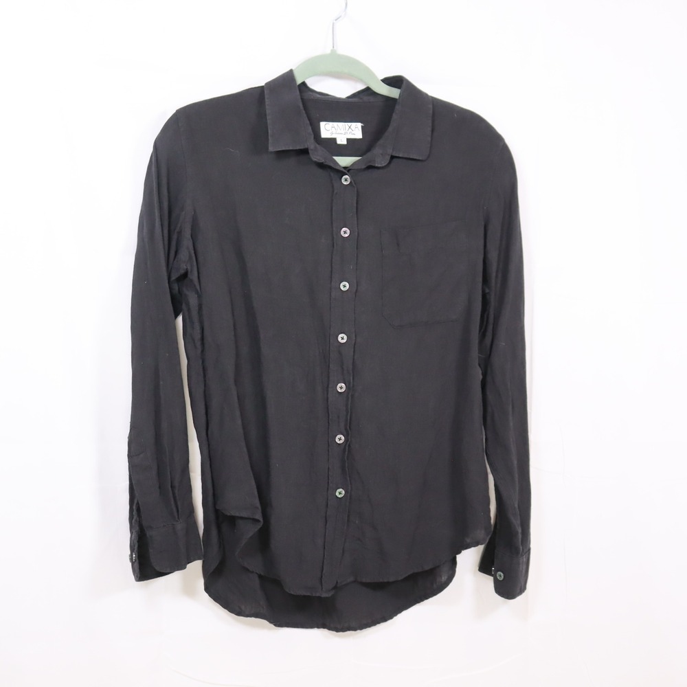 Camixa Button Down Shirt L Black Womens Linen Long Sleeve Blouse